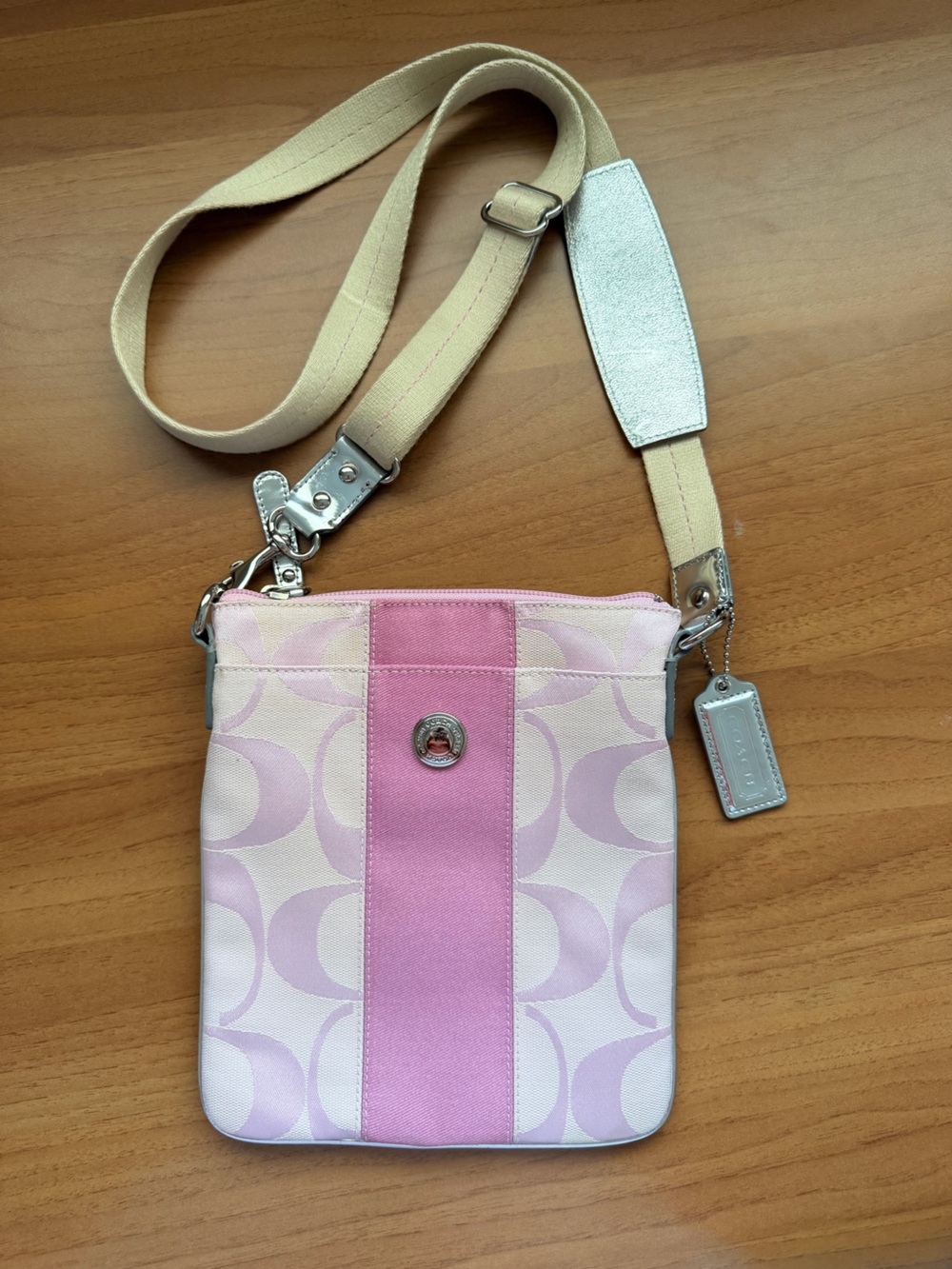 Coach Pink Signature Canvas Crossbody with Cream Strap